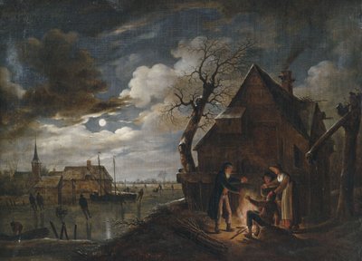 Dutch Canal Landscape by Moonlight with Skaters and a Campfire Warming Peasants by Aert van der Neer